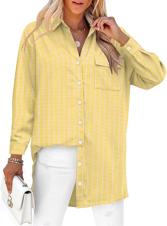 AKEWEI Button Down Shirts for Women Long Sleeve Collared Work Blouse Fashion Oversized Office Shirts with Pocket