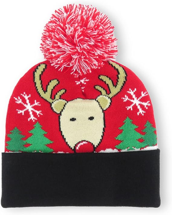 Christmas Festival Beanie Hats Funny Knit Cuffed Beanie with Pompom | Double-Layer Winter Warm Hats Bells Ribbon & Snow Party Beanie for Christmas Costumes
