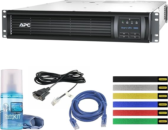 APC 3000VA UPS SMT3000RM2UC Rack Mount Sinewave Battery Backup Bundle | For Power Backup & Surge Protection | SmartConnect | AVR | Line Interactive | 120V | Includes Cleaning Kit + Ethernet Cable