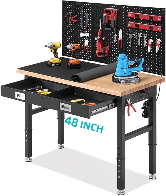 ENJOYWOOD 48" Adjustable Height Workbench with Drawers, Rubberwood Top, Pegboards & Power Outlet, Heavy Duty Garage Work Bench for Workshop & DIY Projects