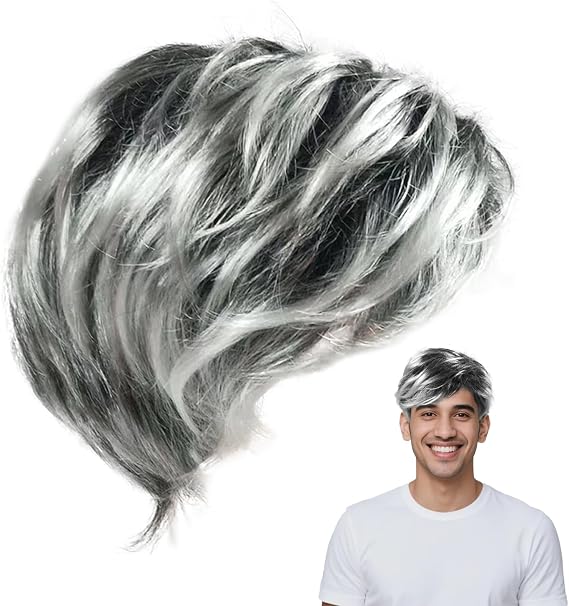 Grandpa Wigs, Fancy Dress old man wig, short Mens Layered Natural Fluffy Synthetic Full Hair Wig Halloween Costume Cosplay Party Hair for Male Daily Use, Halloween Carnival Party Stage Performances