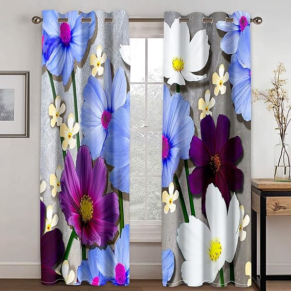 Window Curtains Bedroom, Polyester Fabric Flowers Room Darkening Curtain, Multicolor, 2 Panels W192 x L108