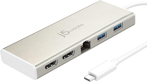 j5create USB-C Mini Dock-Type C Hub with 2X HDMI, 2X USB 3.0, Ethernet | Power Delivery 2.0 (JCD381)