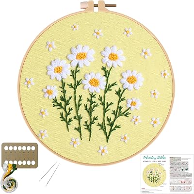 Louise Maelys Daisy Flower Beginners Embroidery Kits,Cross Stitch Kit for Adults,DIY Needlepoint with Floral Pattern,Including Hoop,Threads and Instruction