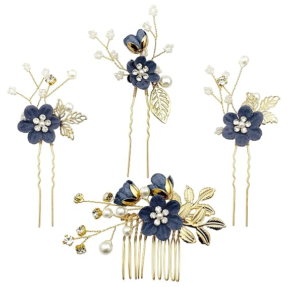 Dark Blue Flower Gold Hair Accessories for Wedding Prom, 4pcs