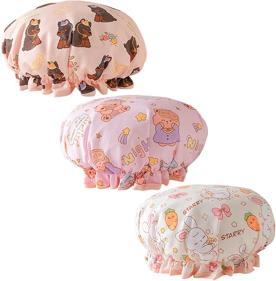 3 Pieces Shower Cap Stretch Elastic Band Double Layer Waterproof Shower Hat Goodnight Bear, Star Bunny, Birthday Doberman Hair Cap for Bathing, Skin Care and Makeup, Cooking, Housework