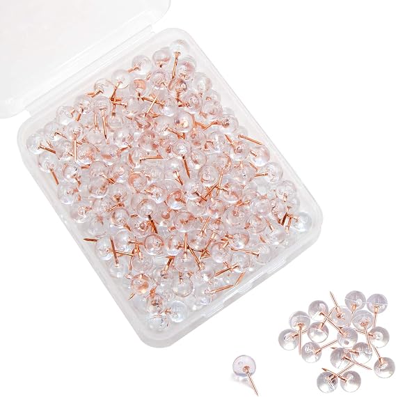 VAPKER 200PCS 0.37inch (9.5mm) Rose Gold Push Pins Map Thumb Tacks, Transparent Plastic Round Head Map Tacks for Pictures, Posters, Documents, Bulletin Boards, Fabric Marking, Wall Maps On Walls