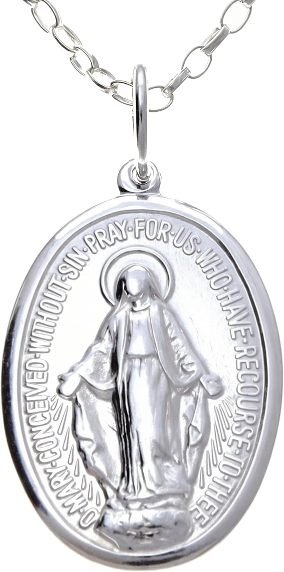 Alexander Castle Large 925 Sterling Silver Miraculous Medal Catholic Necklace - 32mm x 18mm Polished Miraculous Medal with 20" Silver Chain & Jewellery Gift Box