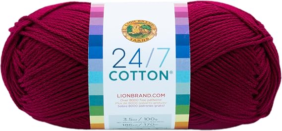 Lion Brand Yarn, 24/7 Cotton Mercerized Lightweight Yarn for Knitting, Crochet, and Crafts, Magenta, 1 Pack, 185 Yards of Natural Fiber for Breathable Tops, Durable Bags, and Easy-Care Dish Cloths