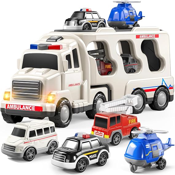 TEMI 5 Pack Ambulance Vehicle Truck for 3 4 5 6 Year Old, Boy Toys | Friction Powered Cars with Toy Helicopter, Police Car, Fire Truck, Ambulance, Sound and Light, Birthday Gifts for Kid Age 3-5