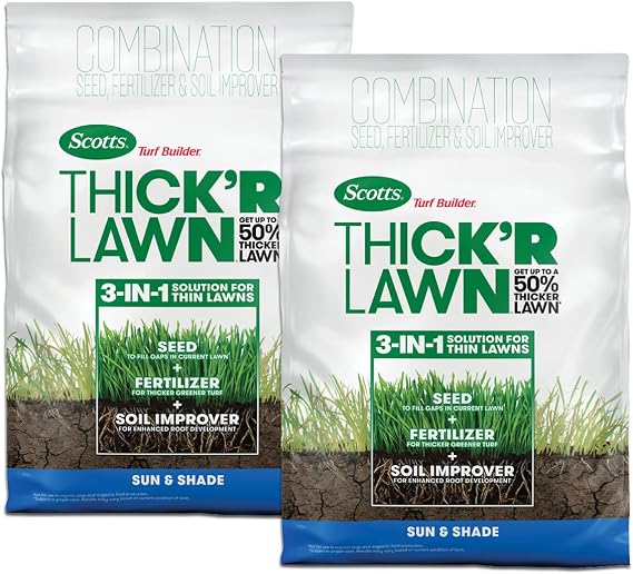 Scotts Turf Builder Thick'r Lawn Sun & Shade, 12 lbs., 12 lbs. (2-Pack) | Combination Seed, Fertilizer and Soil Improver, Thickens Thin Grass