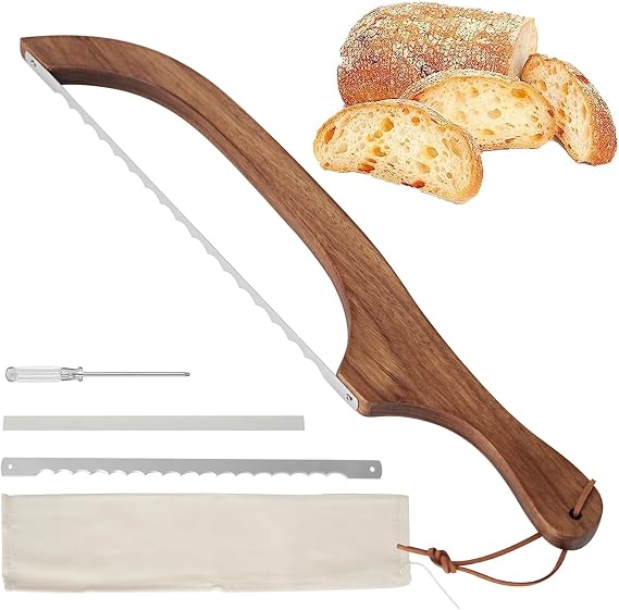 Bread Bow Cutter, 40cm Bread Bow Saw Knife with Replacement Blades, Bread Knife for Homemade Bread, Sourdough Bagel Baguettes Cake Fruit (Brown)