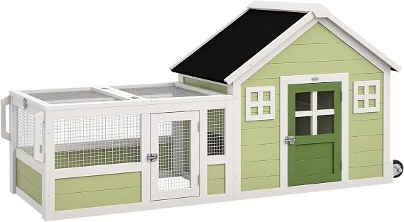 PawHut Rabbit Hutch with Asphalt Roof, Handle, Wheels, 64 Inch Multicolor | Outdoor Rabbit Cage or Guinea Pig Cage, Wooden Bunny Cage, for Rabbits, Chickens, Ducks, Small Animals, Quail Hutch