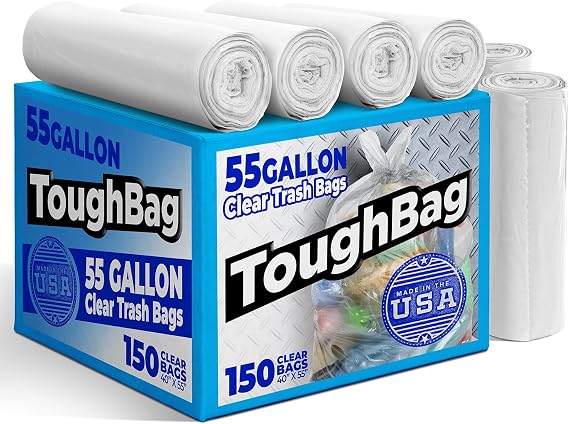 ToughBag 55 Gallon Clear Trash Bags (150 COUNT) Large Clear Trash Bags 55-60 Gallon Heavy Duty Can Liners - Made in USA