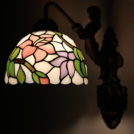 Tiffany Wall Sconce Lamp Stained Glass Wall Light Pink Floral Style