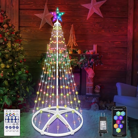 LED Christmas Cone Tree Light, 5ft 166 LED Lighted Artificial Tree with Star Topper, Music Sync with Remote Control, DIY RGB Lights Show for Xmas Outdoor Decorations