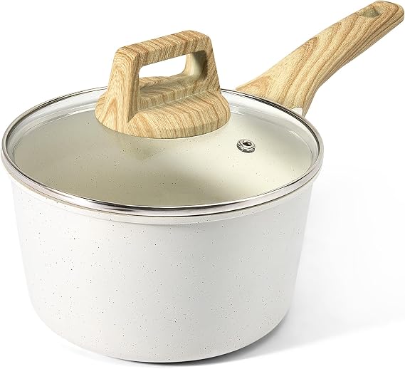 GiPP Nonstick Sauce Pan with Lid - 3.6L Small Sauce Pot Non Stick Cooking Pot with Stay-Cool Handle, Kitchen Pots Granite Saucepan Induction Compatible, PFOA Free(White, 20cm)