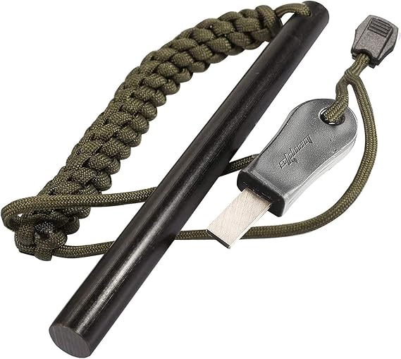 6" Survival Ferro Rod Drilled Flint Fire Starter and Striker Kit | 1/2 x 6 Inches Large with Striker-Pro Striker Paracord Landyard Handle for Camping Emergency