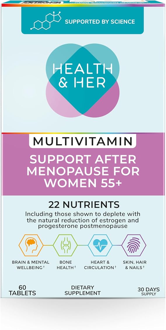 Health & Her Multivitamin for Women 55& Postmenopausal, 30 Day Supply | Daily dietary supplement with 22 key nutrients for wellbeing after menopause; Vegan, gluten-free; 60 tablets
