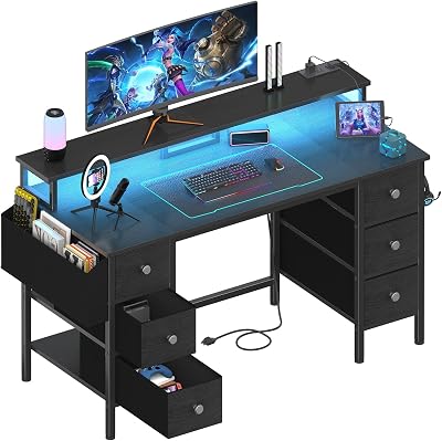 Lufeiya Gaming Desk with LED Lights and Power Outlets, 47 inch Computer Desk with Fabric Drawers & Storage Shelves, Home Office Desk with Monitor Stand, Black