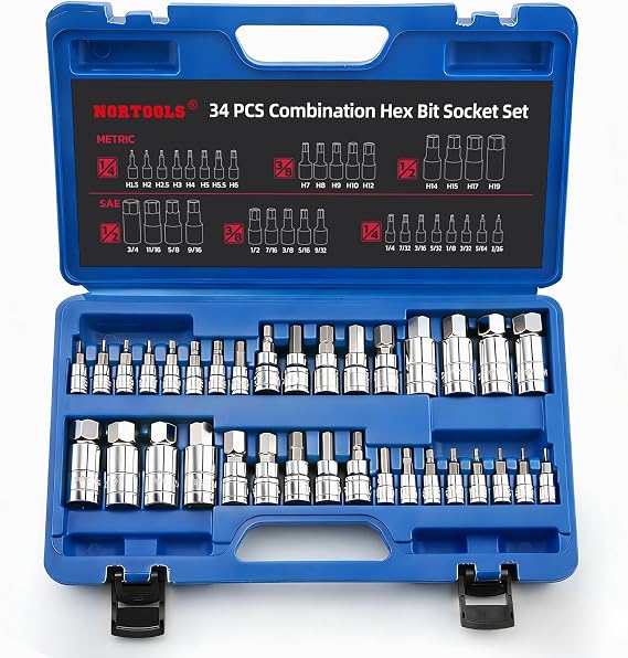 Master Hex Bit Socket Set S2 Steel Allen Sockets Bit SAE and Metric Torx Bit CRV Socket Tool Allen Wrench Bit Kit 1/2" 3/8" 1/4" Drive Automotive Bike Motorcycle and ATV 34 Pieces