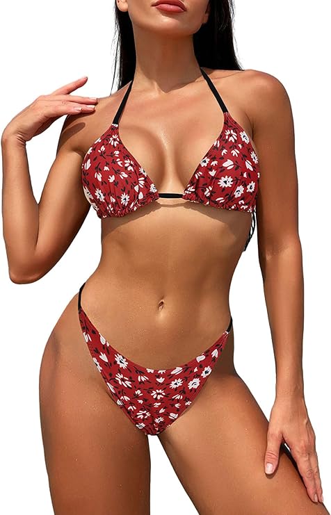 Women's Sexy Halter Two Piece Bikini Set 2pcs Triangle Brazilian Bikini Swimsuits Low Waisted Strappy Bathing Suit Beachwear Swimming Costume