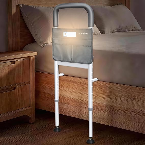 Agrish Bed Rail for Elderly Adults with Motion Light and Adjustable Handle | Non-Slip Bed Grab Handle with Adjustable Support for Getting Out of Bed, Fits Single and Double Beds