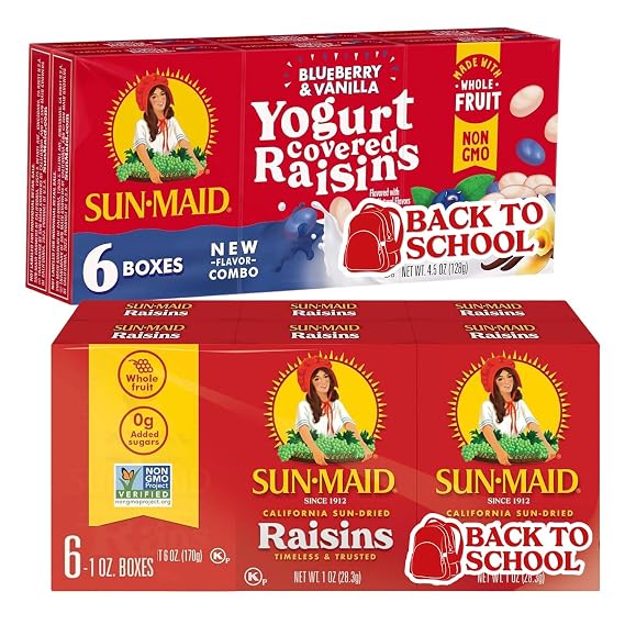 Sun-Maid Raisin Snack Pack Bundle Blueberry Vanilla Yogurt & Classic California Sun-Dried Raisins (6 Pack) 1 oz Boxes - Naturally Sweet & Fun Snacks for All Ages