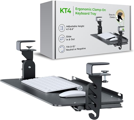 Kt4 Clamp on Keyboard Tray, Adjustable Slide Out Drawer for Desk, Height Tilt Adjustable Keyboard Holder, Under Desk Pull Out Tray (Black)