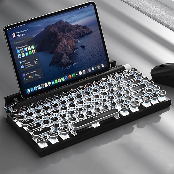 Retro Typewriter Mechanical Keyboard - Bluetooth 5.0, Ergonomic Design, RGB Backlight, Blue Key Switches, Multi-Device Control (Black)