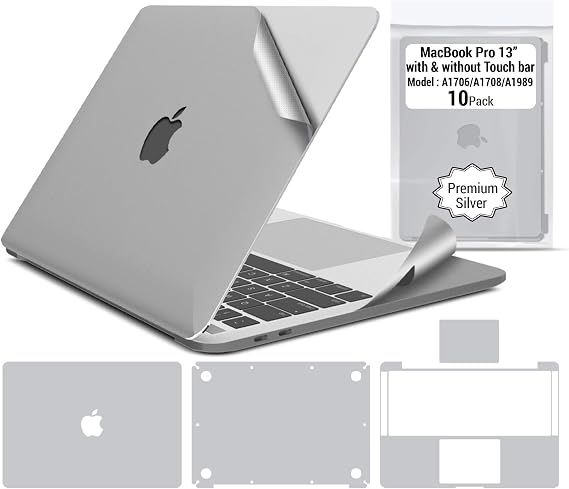 IBENZER Premium MacBook Body Skin Decal Full Cover Protective Sticker for Apple MacBook Pro 13 A2159 A1989 A1706 A1708 Silver (10 Pack) SK-MT13-A-ACD10