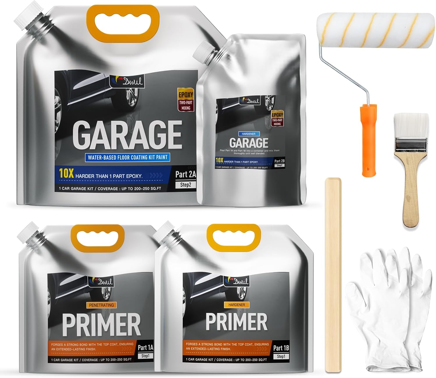 DWIL Garage Floor Epoxy Kit with Primer, Garage Floor Paint with Tools, Epoxy Coating for Concrete - High Gloss, Water-based, Low Odor - 1 Car Kit, Light Gray