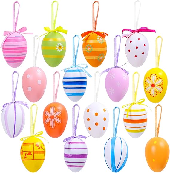Elcoho 16 Pieces Easter Hanging Eggs Colorful Plastic Hanging Ornaments Easter Decoration, Random Styles