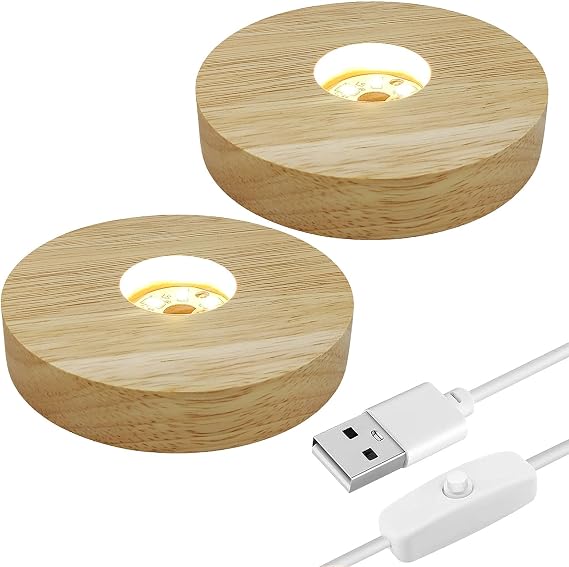 Round Led Light Wood Base, 2 Pack 10CM Wooden Round Light Stand Base Led Lights Display Base Wood Led Lights Display Bases for 3D Crystal Glass Resin Art (Warm Light)
