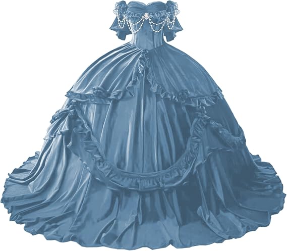 Mouccy Princess Satin Victorian Ball Gown Chain Beaded Medieval Dresses | Gothic Short Sleeve Prom Dresses with Bow, Ruffled Quinceanera Dresses with Train, Beaded Lace Sweet 16 Ball Gown