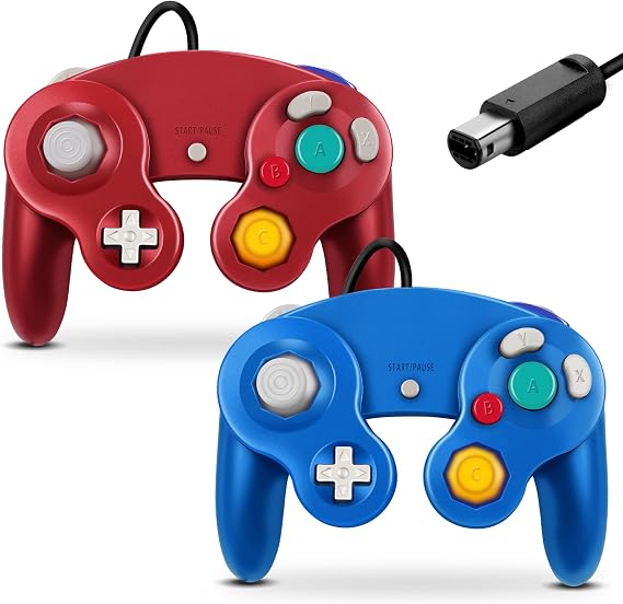 FIOTOK Gamecube Controller, Classic Wired Controller for Wii Nintendo Gamecube Blue & Red-2Pack