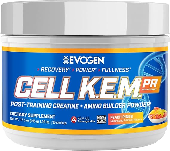 Evogen Cell K.E.M. PR Creatine | Peach Rings | 30 Servings | 4:1:1 BCAA ratio with added EAAs, NO3-T nitrate and KSM-66 ashwagandha for blood flow, recovery and muscle fullness