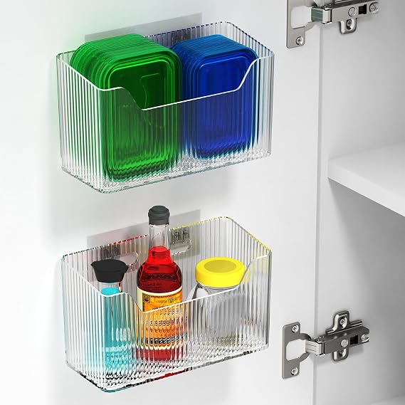 2 Pack Cabinet Door Organizer, Inside Cabinet Door Storage, Shower Caddy Stackable Clear Plastic Makeup Organizer Adhesive Hanging Bin for Kitchen Cabinets, Bathroom, Pantry, Office
