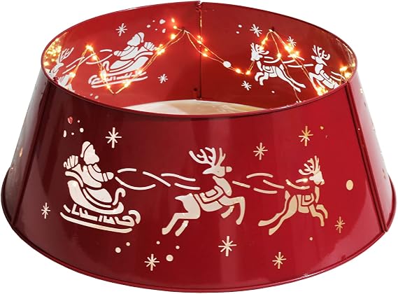 Metal Merry Christmas Tree Collar with Lights (Santa's Sleigh, Small)