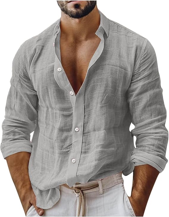 Mens Casual Cotton Linen Shirts Oversized Long Sleeve Buttons Down Tops Workout Beach Vacation Lapel Men Blouses