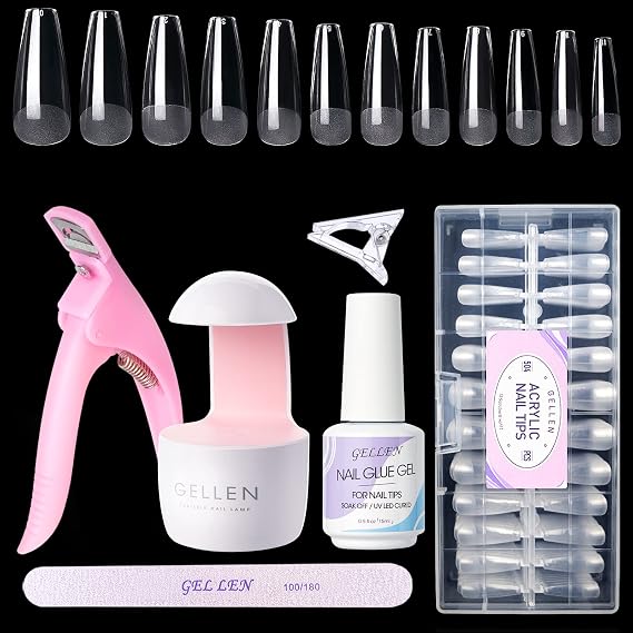 Gellen Nail Tips and Glue Gel Kit, Gel x Nail Kit 504Pcs Coffin Nail Tips with 3 In 1 Nail Glue Gel and U V LED Nail Lamp, Nail Art Tools Easy Nail Extension Kit DIY Home Manicure