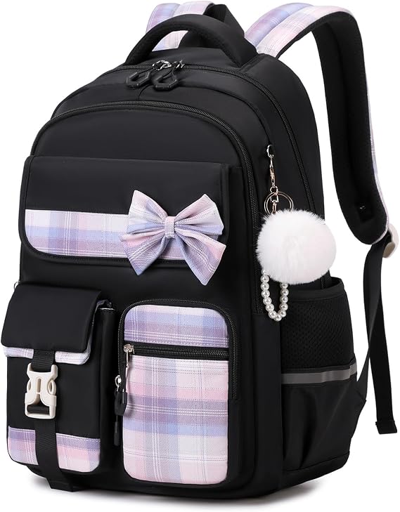 Girls Backpack, Kids Backpack for Girls School Bags with Pen Case, Bow Plaid Book Bag for Elementary Middle Primary High School College