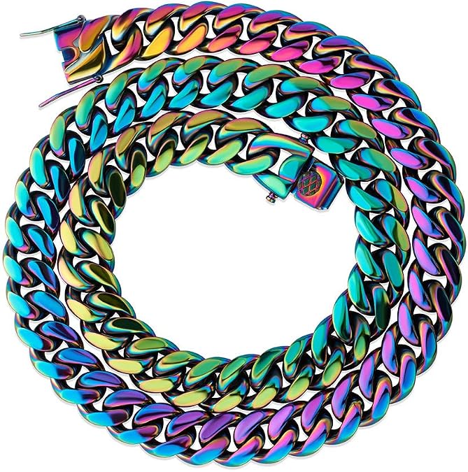 TOPGRILLZ Colorful Cuban Link Necklace 10,14mm Stainless Steel Solid Rainbow Gold Silver Hip Hop Miami Cuban Chunky Thick Chain Necklace For Men Women