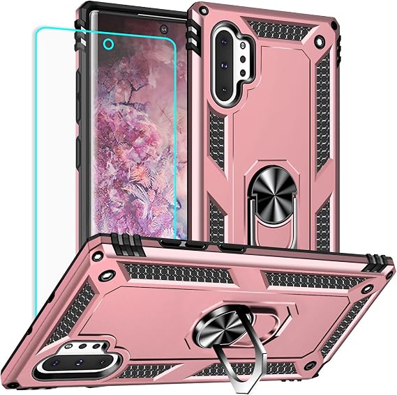 for Samsung Galaxy Note 10 Plus Case with Screen Protector:[Military Grade Drop Tested] Ring Holder Kickstand Shockproof Anti-Slip Protective Phone Case for Note 10 Plus 6.8- Rose Gold