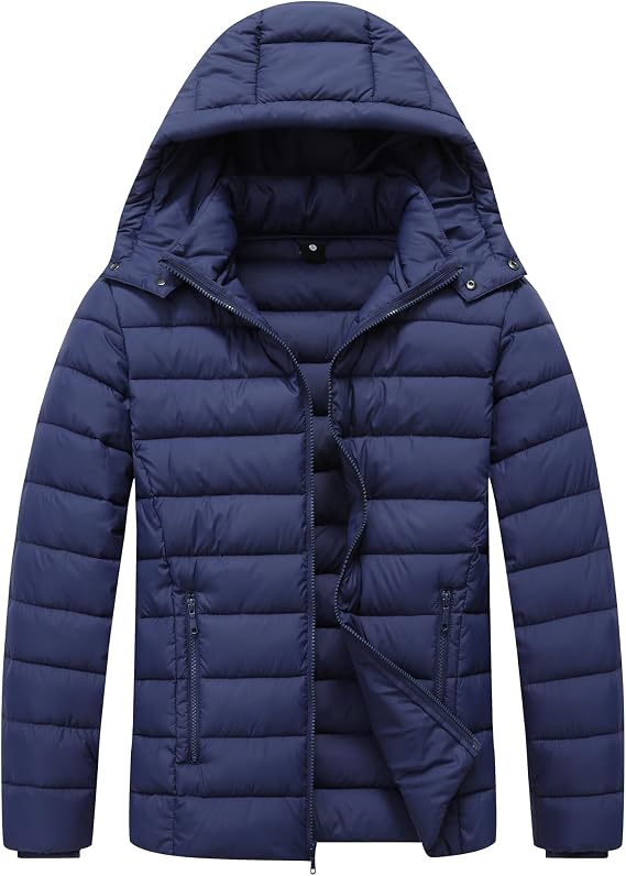 Mens Quilted Down Coat Puffer Jacket | Lightweight, Waterproof, Windproof, Detachable Hood, Warm for Winter Travel