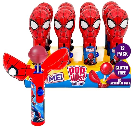 Pop Ups! Spiderman Lollipop Holder - 12 Lollipops with Cases - Individually Wrapped Candy Party Favors, Stocking Stuffers - Spiderman Candy - Bulk Set of 12