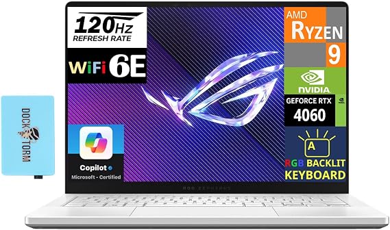 ASUS ROG Zephyrus G14 14.0" OLED Gaming Laptop (Ryzen 9 8945HS, RTX 4060, 16GB RAM, 1TB SSD, RGB Backlit Keyboard, WiFi 6E, Micro SD, Win11H) W/Dockztorm