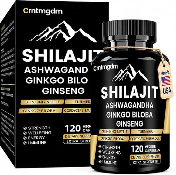 Shilajit Capsules - 20,000mg Pure Himalayan Organic Shilajit for Men & Women with Ashwagandha, Supports Vitality and Wellness, Premium Shilajit Pure Himalayan Supplement, 120 Capsules