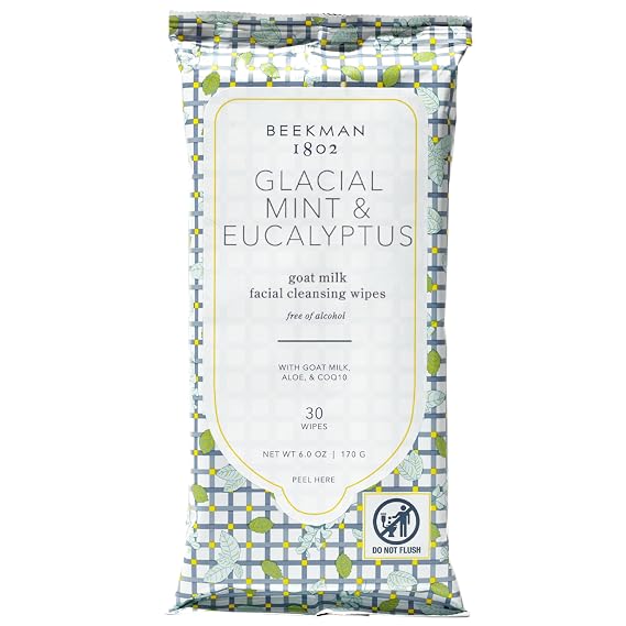 Beekman 1802 Goat Milk Face Wipes, Glacial Mint & Eucalyptus, 30 Count | Facial Cleansing Wipes, Removes Makeup & Dirt, With Goat Milk & Aloe, Sensitive Skin Safe, Travel Essentials
