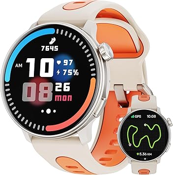 Smart Watch GPS, 1.43" AMOLED Screen Smart Watch for Men/Women Fitness Tracker, Military Smartwatches Compass,Compatible with Android & iOS (Bluetooth Call Answer/Dial), Multiple Sports Modes(Orange)
